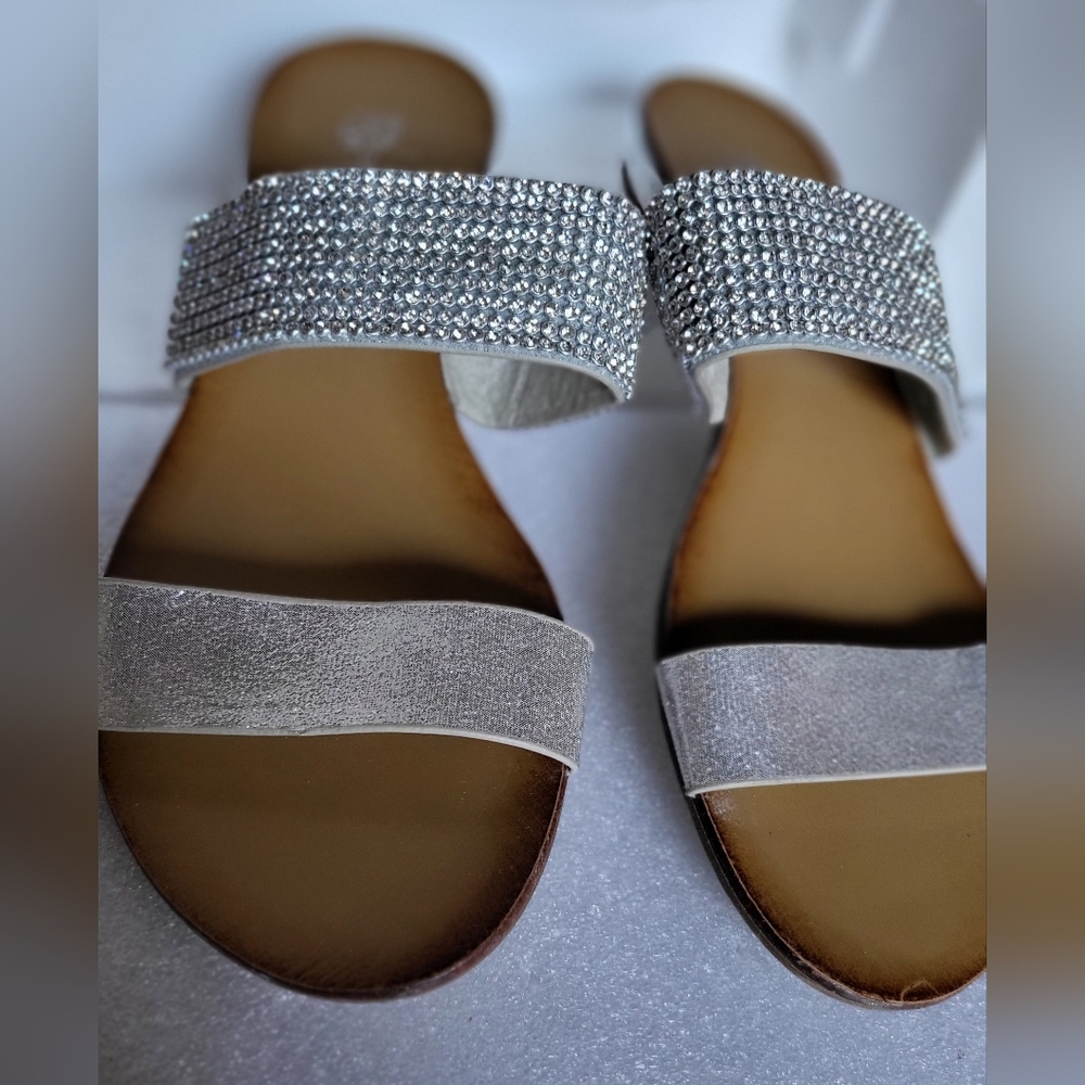 GC Shoes leather sole mules with silver and rhinestone straps size 7.5